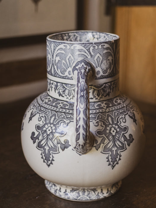 Antique French Longchamp Ironstone Pitcher Vase with  Deep Blue / Grey / Black Transferware