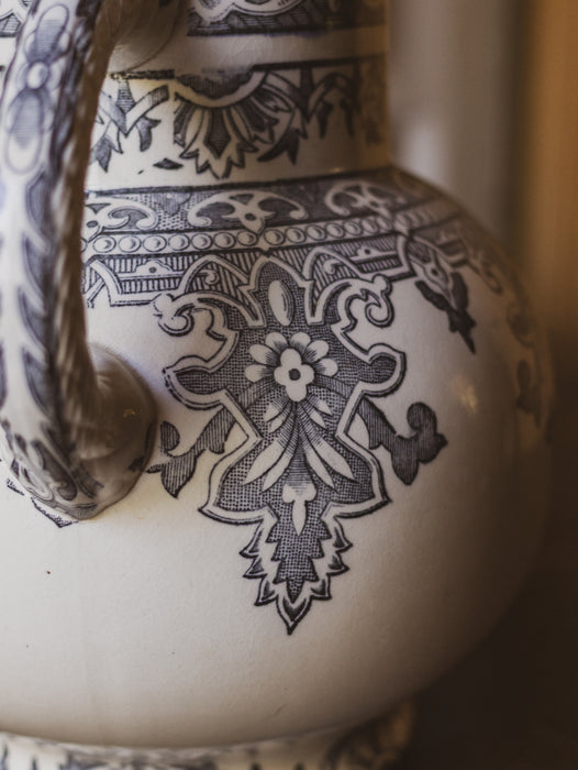 Antique French Longchamp Ironstone Pitcher Vase with  Deep Blue / Grey / Black Transferware