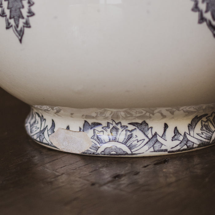 Antique French Longchamp Ironstone Pitcher Vase with  Deep Blue / Grey / Black Transferware