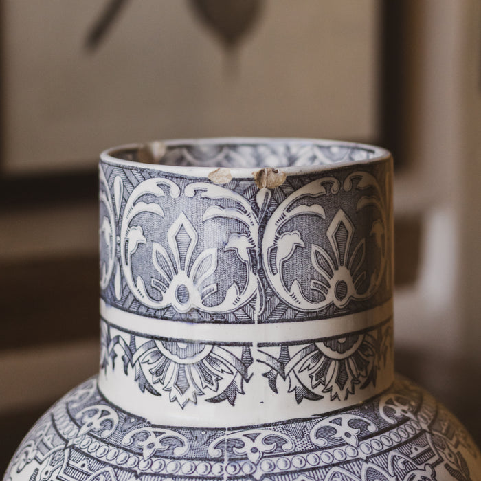 Antique French Longchamp Ironstone Pitcher Vase with  Deep Blue / Grey / Black Transferware