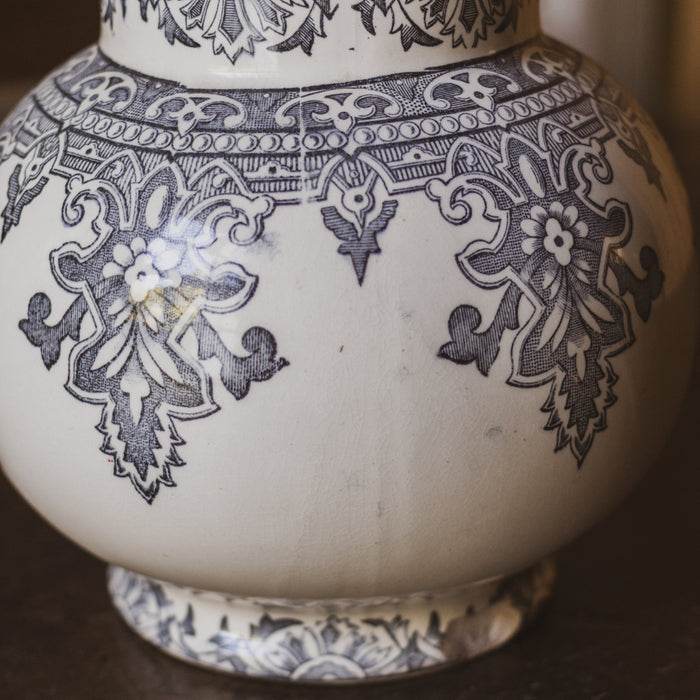 Antique French Longchamp Ironstone Pitcher Vase with  Deep Blue / Grey / Black Transferware