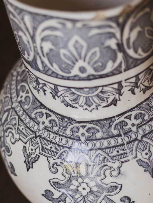 Antique French Longchamp Ironstone Pitcher Vase with  Deep Blue / Grey / Black Transferware