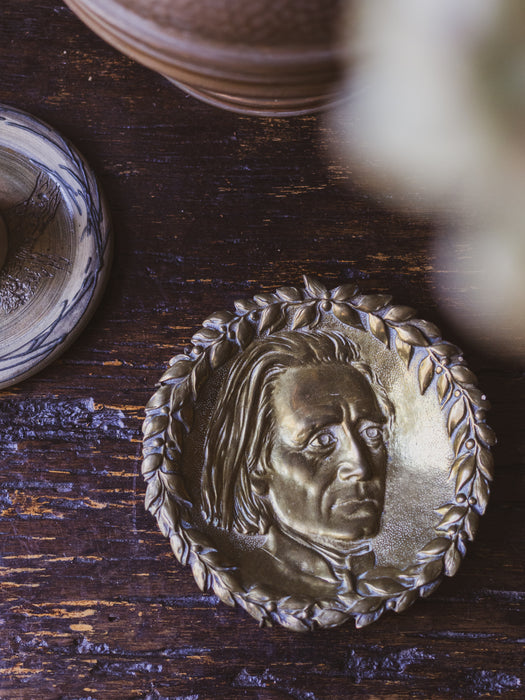 Vintage Solid Brass Small Wall Hanging Plate Embossed with Male Face