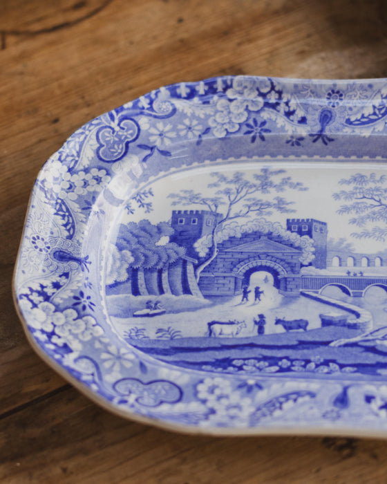 19th Century Spode Blue & White Castle Pattern Rectangular Plate or Small Platter