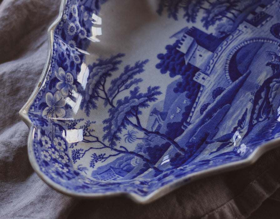 Antique 19th Century Spode Blue Transferware Scalloped Edge Serving Dish