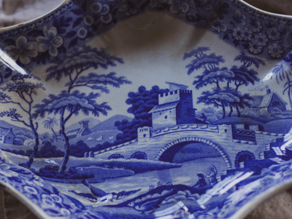 Antique 19th Century Spode Blue Transferware Scalloped Edge Serving Dish