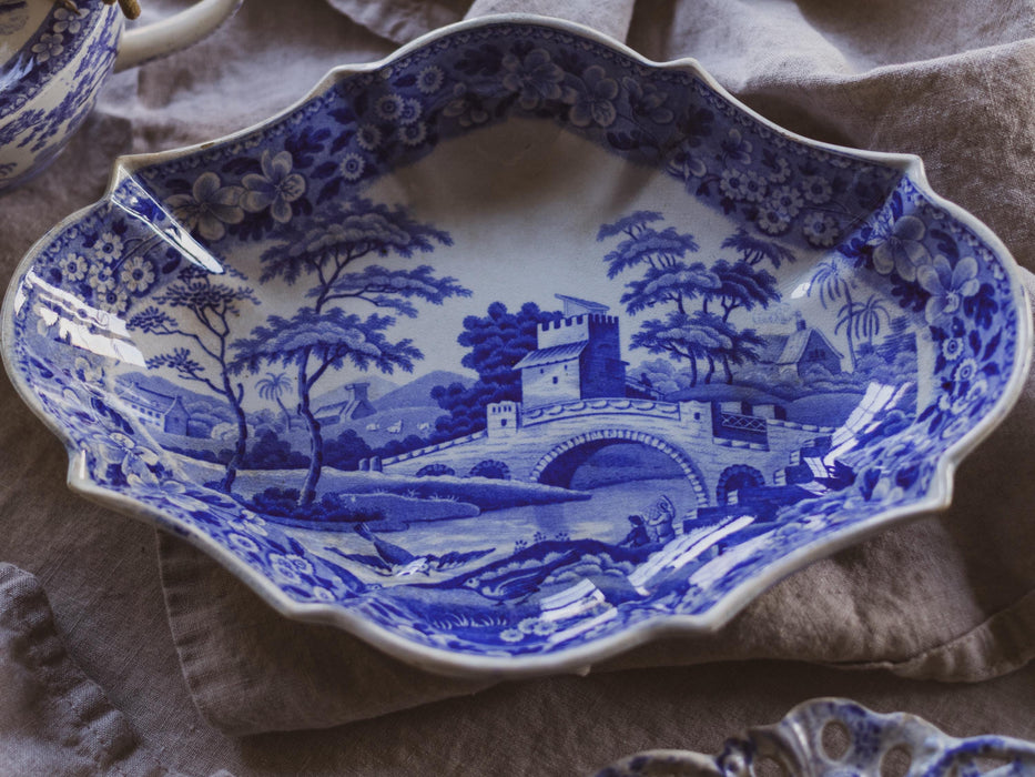 Antique 19th Century Spode Blue Transferware Scalloped Edge Serving Dish