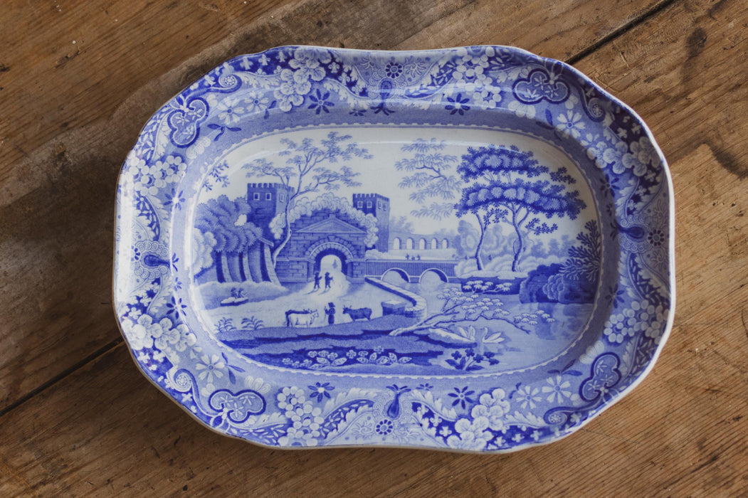 19th Century Spode Blue & White Castle Pattern Rectangular Plate or Small Platter