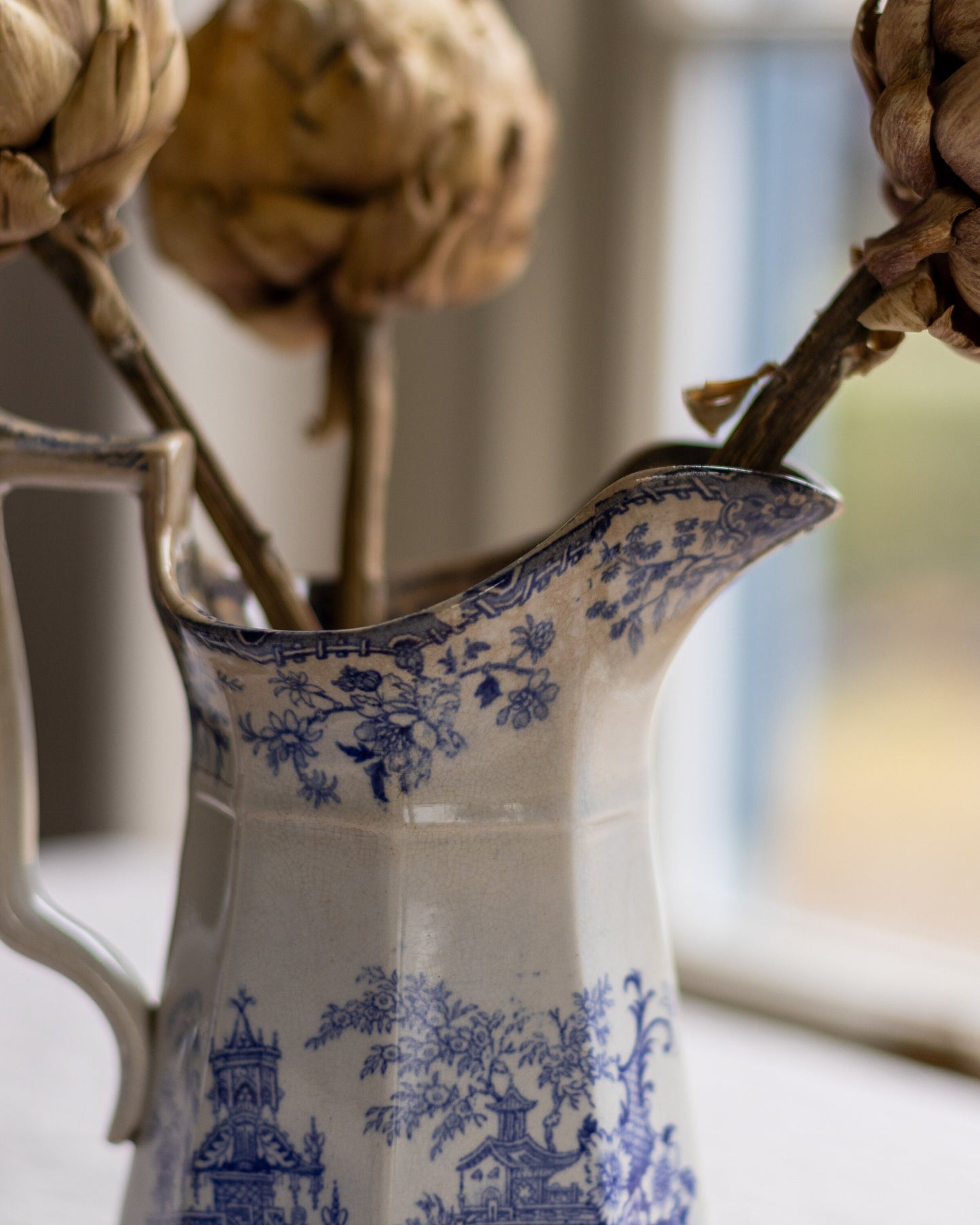 Llanelly Pottery Blue White Hexagonal Transferware Jug Vase