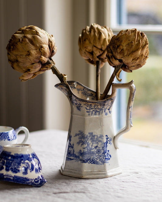 Llanelly Pottery Blue White Hexagonal Transferware Jug Vase